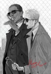  2boys beard_stubble bracelet coat collared_shirt ctkcave dark-skinned_male dark_skin facial_hair greyscale holding jewelry lollipop_in_mouth looking_at_another looking_to_the_side male_focus mature_male monochrome multiple_boys multiple_rings mustache neck_tattoo necktie open_mouth original ring shaved_head shirt short_hair stubble sunglasses tattoo tongue tongue_out vest wavy_hair 