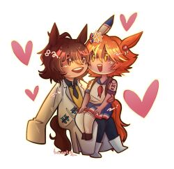  +_+ 2girls agnes_tachyon_(tach-nology)_(umamusume) agnes_tachyon_(umamusume) ahoge animal_ears arm_around_waist black_pantyhose blue_sailor_collar blue_skirt brown_hair chemical_structure chibi chibi_only clover_hair_ornament coat daruma_doll daruma_doll_hair_ornament ear_covers earrings flipped_hair four-leaf_clover_hair_ornament good_fortune_symbol hair_between_eyes hair_ornament heart highres horse_ears horse_girl horse_tail huge_ahoge jewelry lab_coat long_sleeves matikanefukukitaru_(rising_fortune)_(umamusume) matikanefukukitaru_(umamusume) multiple_girls neckerchief necktie open_mouth orange_hair pantyhose red_eyes red_neckerchief sailor_collar school_uniform serafuku shirt shoes short_hair short_necktie single_ear_cover single_earring sitting sitting_on_lap sitting_on_person skirt sleeves_past_fingers sleeves_past_wrists smile star-shaped_pupils star_(symbol) sweater sweater_vest symbol-shaped_pupils tail tarositos teeth test_tube thigh-highs umamusume upper_teeth_only white_coat white_shirt white_thighhighs yellow_sweater yellow_sweater_vest 