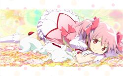  1girl anime_coloring artist_request border bow bubble bubble_skirt center_frills chest_jewel closed_mouth colorful_background crossed_arms dot_nose dress dress_bow feet_out_of_frame frilled_skirt frilled_sleeves frilled_socks frills game_cg gem gloves hair_between_eyes hair_bow happy highres kaname_madoka kneehighs kyubey letterboxed magical_girl mahou_shoujo_madoka_magica mahou_shoujo_madoka_magica_(anime) mahou_shoujo_madoka_magica_magia_exedra miniskirt official_art pink_bow pink_dress pink_eyes pink_gemstone pink_hair polka_dot_border puffy_short_sleeves puffy_sleeves red_shoes shoes short_dress short_hair short_sleeves short_twintails skirt skirt_under_dress sleeping smile socks sparkle square_neckline tareme twintails white_border white_gloves white_skirt white_sleeves white_socks 