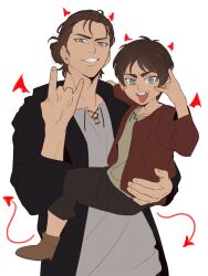  2boys \m/ age_comparison baby_carry blue_eyes brown_hair carrying child commentary demon_horns demon_tail english_commentary eren_yeager fake_horns fake_tail forehead full_body hair_bun hanpetos horns looking_at_viewer male_focus missing_tooth multiple_boys shingeki_no_kyojin short_hair simple_background smile tail teeth upper_body upper_teeth_only 