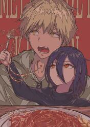  1boy 1girl absurdres black_hair black_sweater blonde_hair chainsaw_man choppy_bangs commentary_request denji_(chainsaw_man) double-parted_bangs food fork grey_jacket hair_between_eyes highres holding holding_fork jacket karan_koron100 long_hair_between_eyes looking_at_another nayuta_(chainsaw_man) open_mouth pasta plate red_background red_eyes ringed_eyes sharp_teeth short_hair spaghetti sweater teeth tomato_sauce yellow_eyes 