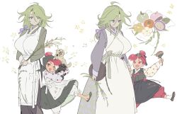  2girls :d ;d age_difference ahoge animal ankle_socks apron black_apron black_headscarf black_shoes black_skirt bow breasts closed_mouth colored_tips commentary_request cookie_run cookie_run:_witch&#039;s_castle dog double-parted_bangs eyes_visible_through_hair fang feet_out_of_frame flower food foot_out_of_frame green_bow green_hair green_skirt grey_shirt grey_shoes hair_behind_ear hair_between_eyes hair_bun hair_flaps hair_ribbon half-closed_eyes headscarf heart heart_print highres holding holding_animal holding_dog holding_flower holding_tray humanization korean_clothes korean_commentary large_breasts long_hair long_skirt long_sleeves looking_at_another multicolored_hair multiple_girls multiple_views ohta_guk_hip one_eye_closed open_mouth pants parted_lips pleated_skirt puffy_long_sleeves puffy_pants puffy_sleeves purple_ribbon radish_cookie red_eyes red_hair red_pants ribbon rosemary_cookie shirt shoes short_hair siblings side_slit simple_background single_hair_bun sisters skirt smile socks standing standing_on_one_leg tomato tray tsurime two-tone_hair violet_eyes waist_apron white_apron white_background white_flower white_hair white_pants white_shirt white_socks yellow_flower 