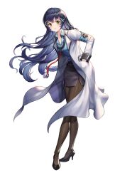  1girl armband artist_request belt belt_buckle black_belt black_hair black_pantyhose black_skirt blue_armband blue_shirt breasts buckle buttons coat collared_shirt commentary_request dress_shirt emblem english_commentary floating_clothes floating_hair full_body green_eyes hair_tie hands_in_pockets high_heels highres king&#039;s_raid korean_commentary lab_coat lapels leaning_forward long_sleeves mediana miniskirt mixed-language_commentary nurse official_alternate_costume official_art pantyhose pencil_skirt second-party_source shirt skirt small_breasts smile solo stethoscope stethoscope_around_neck white_coat wind 