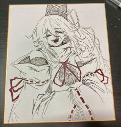  1girl bare_shoulders commentary_request hair_between_eyes half-closed_eyes hat highres japanese_clothes kariginu long_hair long_sleeves looking_at_viewer mononobe_no_futo narurichan open_mouth partially_colored photo_(medium) pom_pom_(clothes) red_eyes ribbon-trimmed_sleeves ribbon_trim shikishi simple_background solo tate_eboshi touhou traditional_media wide_sleeves 