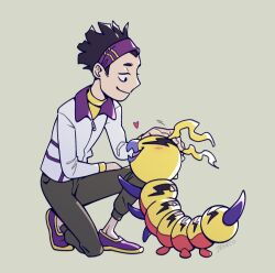  1boy antennae beak black_hair black_pants digimon digimon_(creature) digimon_survive grey_background headband headpat heart jacket jeneco kunemon on_one_knee pants purple_headband purple_shoes shoes simple_background tominaga_ryou white_jacket 