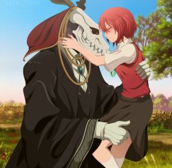  absurdres animal_head animal_skull black_robe black_skirt blurry blurry_background blush carrying child_carry closed_eyes couple elias_ainsworth english_commentary glowing glowing_eyes hatori_chise highres horns lady_fantasma loose_clothes mahou_tsukai_no_yome red_hair red_sweater_vest robe shirt skirt skull_head socks sweater_vest white_shirt white_socks 