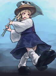  1girl :p \m/ animal_print artist_name black_shoes blonde_hair brown_eyes brown_hat envenomist_(gengoroumaru) frog_print full_body hair_ribbon hat highres holding holding_umbrella leaf_umbrella long_sleeves long_tongue moriya_suwako multiple_hair_ribbons one-hour_drawing_challenge purple_skirt purple_vest red_ribbon ribbon shirt shoes skirt socks solo tongue tongue_out touhou twitter_username umbrella vest walking white_shirt white_socks wide_sleeves 