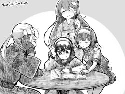  1boy 3girls ajimu_najimi amanai_riko apron blunt_bangs closed_eyes commission greyscale highres jujutsu_kaisen kochiya_sanae long_hair low_ponytail medaka_box monochrome multiple_girls ponytail sailor_collar school_uniform sitting skeb_commission smile touhou wan_chai_tengoku 