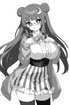  1girl blunt_bangs bow bowtie breasts closed_mouth collared_shirt double_bun glasses greyscale hair_bun large_breasts long_hair long_sleeves looking_at_viewer monochrome onkn_sxkn patchouli_knowledge shirt smile solo thigh-highs touhou 