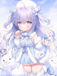  1girl ahoge blue_boots blue_bow blue_coat blue_dress blue_eyes blue_hair blush boots bow carrot coat dress fur-trimmed_coat fur_trim ghost hair_between_eyes hair_bow hair_ornament long_hair long_sleeves looking_at_viewer open_clothes open_coat original pacifier panda snowman thigh-highs unicorn usashiro_mani white_thighhighs 