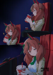  1girl :d absurdres animal_ears brown_eyes brown_hair coat commentary_request cup disposable_cup drinking drinking_straw english_commentary green_neckerchief grin highres horse_ears horse_girl incoming_drink jtleeklm long_hair long_sleeves looking_ahead looking_at_viewer mixed-language_commentary movie_theater multiple_views neckerchief nice_nature_(umamusume) shirt sitting smile two_side_up umamusume white_shirt yellow_coat 