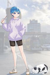  1girl absurdres black_shorts blue_eyes blue_hair blue_sky blurry blurry_background blush building cat city closed_eyes closed_mouth clouds comitomic commentary_request cup day disposable_cup drink drinking_straw eyelashes full_body grey_hoodie hand_in_pocket highres holding holding_cup holding_drink hood hood_down hoodie long_sleeves original outdoors shoes short_hair shorts sky sleeping_animal socks solo standing very_short_hair white_shoes white_socks 