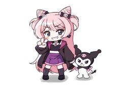  1girl 1other bang_dream! bang_dream!_it&#039;s_mygo!!!!! black_jacket black_thighhighs chibi chihaya_anon clenched_teeth commentary cone_hair_bun crop_top fang full_body grey_eyes hair_bun highres holding_hands jacket jiwon_(sj1) kuromi long_hair midriff pink_hair purple_skirt sanrio simple_background skirt teeth thigh-highs white_background 