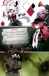  absurdres airhorn artist_request batman_(series) bird blue_archive book controller cosplay crow dc_comics english_text fuuka_(blue_archive) gas gas_mask gloves grey_eyes hair_between_eyes halo harley_quinn harley_quinn_(cosplay) hat highres holding holding_book holding_remote_control iroha_(blue_archive) long_hair looking_at_viewer mask mutsuki_(blue_archive) necktie open_mouth pointy_ears red_hair remote_control scarecrow_(batman) side_ponytail smile suit the_riddler twintails white_hair 