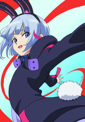  1girl animal_ears black_jacket blue_eyes blue_hair fake_animal_ears fake_tail highres hood hooded_jacket jacket looking_back multicolored_hair open_mouth otosaka_shion_(shadowverse_flame) outstretched_arms pink_hair rabbit_ears rabbit_tail shadowverse shadowverse_(animated_series) shadowverse_flame short_hair solo spread_arms tail tmr_msho 