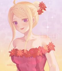  1girl :d ahoge akamatsu_kaede artist_name bare_shoulders blush breasts collarbone danganronpa_(series) danganronpa_v3:_killing_harmony dress hair_bun highres kazzz large_breasts pink_dress sidelocks smile solo sparkle violet_eyes watermark 