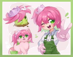  1girl :3 ;d animal animalization breasts bug butterfly buttons cat chinese_commentary collared_shirt colored_inner_hair commentary_request crown deformed double-parted_bangs foreshortening gardener_grass_(plants_vs._zombies) gloves green_eyes green_hair green_overalls grey_background hair_between_eyes hand_on_own_hip hat hat_tip long_sleeves looking_up mini_crown multicolored_hair multiple_persona no_mouth notice_lines one_eye_closed one_side_up open_mouth overalls personification pink_cat pink_gloves pink_hair pink_hat plants_vs._zombies plants_vs._zombies_2 plants_vs._zombies_2_(chinese) round_teeth shirt short_hair simple_background small_breasts smile teeth tongue two-tone_hair upper_body upper_teeth_only v veghia white_butterfly white_shirt 