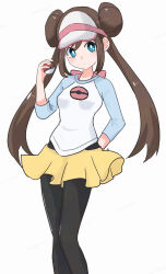  1girl absurdres aoneko4ao_(edwf7745) arm_behind_back black_pantyhose blue_eyes brown_hair commentary_request double_bun hair_bun highres holding holding_poke_ball long_hair pantyhose partial_commentary poke_ball poke_ball_(basic) pokemon pokemon_bw2 rosa_(pokemon) shirt shorts solo three-quarter_sleeves twintails visor_cap white_background yellow_shorts 
