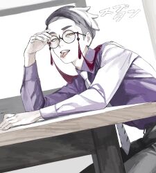  1boy arm_up black-framed_eyewear black_hair collared_shirt corbeau_(pokemon) elbow_rest fingernails forked_tongue glasses highres kawatiw long_sleeves looking_at_viewer male_focus medium_sideburns necktie parted_hair pokemon pokemon_legends:_z-a purple_shirt round_eyewear shirt sitting sleeve_cuffs solo table tassel teeth tongue tongue_out upper_teeth_only white_necktie wing_collar yellow_eyes 