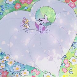  blue_flower bob_cut closed_eyes colored_skin commentary dappled_sunlight dress flower from_above from_behind gardevoir grass heart highres koso2023 mega_gardevoir no_humans outdoors pink_flower pokemon pokemon_(creature) pokemon_focus sitting sunlight twitter_username white_dress white_flower white_skin yellow_flower 