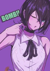 1girl absurdres black_choker black_hair black_ribbon breasts chainsaw_man choker collared_shirt commentary_request double-parted_bangs green_eyes grenade_pin hair_between_eyes hand_up highres karan_koron100 looking_at_viewer neck_ribbon one_eye_closed open_mouth purple_background reze_(chainsaw_man) ribbon shirt short_hair simple_background sleeveless sleeveless_shirt solo upper_body white_shirt 