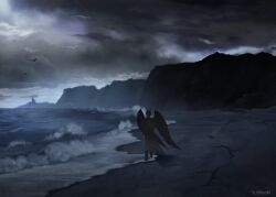  1boy black_hair black_wings clouds cloudy_sky coat demon_horns feathered_wings fog footprints from_behind full_body highres horns kim_dokja male_focus mountainous_horizon official_alternate_costume omniscient_reader&#039;s_viewpoint open_clothes open_coat shore short_hair simple_bird sky solo standing variant_set waves white_coat wings yu_shiro_ki 