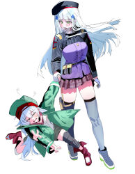  2girls absurdres beret black_boots black_hat black_jacket black_shorts black_thighhighs blue_hair blush boots commentary cross_hair_ornament floating_hair full_body g11_(girls&#039;_frontline) girls_frontline green_hair green_hat green_jacket hair_ornament hat headband highres hk416_(girls&#039;_frontline) holding_hands jacket long_hair looking_at_another multicolored_jacket multiple_girls one_eye_closed open_clothes open_jacket open_mouth peaked_cap plaid_clothes plaid_skirt pleated_skirt purple_jacket red_boots red_headband ruppu shorts simple_background skirt squeans tattoo teardrop_facial_mark teardrop_tattoo teeth thigh-highs two-tone_jacket white_background white_hair 