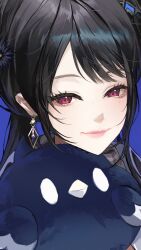  1girl absurdres black_hair black_horns black_scarf blue_background closed_mouth earrings highres hololive hololive_english horns jailbird_(nerissa_ravencroft) jewelry looking_at_viewer mole mole_under_eye nerissa_ravencroft nerissa_ravencroft_(casual) official_alternate_costume scarf thekaiyip violet_eyes virtual_youtuber 