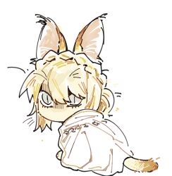  1girl animal animalization anse1289567 blonde_hair braid brown_fur cape cat clothed_animal crown_braid elden_ring elden_ring:_shadow_of_the_erdtree looking_at_viewer needle_knight_leda simple_background slit_pupils solo white_background white_cape 