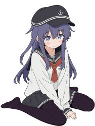  1girl akatsuki_(kancolle) anchor_symbol black_hat black_pantyhose black_sailor_collar black_skirt flat_cap full_body hat highres kantai_collection long_sleeves neckerchief pantyhose pleated_skirt purple_hair red_neckerchief sailor_collar sailor_shirt shirt simple_background skirt smile solo sugapi violet_eyes white_background white_shirt 
