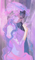  1girl black_hair curtain_grab curtains dress from_side gloves hand_up hat highres isolde_(reverse:1999) long_hair pink_theme qiepupu reverse:1999 solo upper_body veil very_long_hair violet_eyes wavy_hair white_dress white_hat white_veil yellow_gloves 
