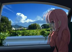  1girl absurdres alternate_costume arm_at_side blue_eyes blue_sky bocchi_the_rock! building car_interior closed_mouth clouds colorful commentary_request day elbow_rest from_side gotoh_hitori hand_rest hand_up highres karmanima0w0 long_hair long_sleeves mountainous_horizon pink_hair pink_sweater profile reflection rural scenery sky smile solo straight_hair sweater turtleneck turtleneck_sweater 