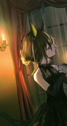  1girl 1other animal_ears ballroom black_dress black_gloves blonde_hair brown_hair candlelight closed_eyes cowboy_shot curtains dancing dream_journey_(umamusume) dress ear_ornament elbow_gloves floral_print formal_clothes glasses gloves hair_bun hair_over_one_eye highres horse_ears horse_girl horse_tail indoors long_bangs multicolored_hair night seikatsu sleeveless sleeveless_dress smile standing tail umamusume white_hair window 