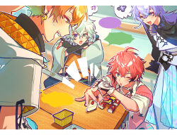  4boys absurdres akagi_wen akagi_wen_(1st_costume) arm_guards black_hair black_shirt blue_eyes cake cake_slice chair commentary_request desk dithering earrings emphasis_lines food ghost gradient_hair green_eyes green_hair heterochromia highres hoshirube_sho hoshirube_sho_(1st_costume) indoors iridescent jacket jewelry letterboxed lightning_bolt_earrings lightning_bolt_symbol long_sleeves male_focus matochi_(fa) multicolored_hair multiple_boys murakumo_kagetsu murakumo_kagetsu_(1st_costume) nervous nijisanji off_shoulder one_eye_closed open_mouth orange_hair otomo_(hoshirube_sho) pink_hair pink_vest purple_hair shirt sitting sitting_backwards speech_bubble squatting table usami_rito usami_rito_(1st_costume) vest violet_eyes virtual_youtuber watakumo_(murakumo_kagetsu) white_jacket white_shirt 