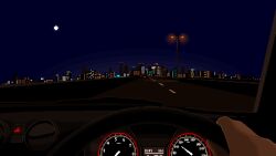  1other animated animated_gif building car car_interior city city_lights driving full_moon lamppost looping_animation moon motor_vehicle night original pixel_art pov pov_hands road satowmrmr sky skyscraper speedometer steering_wheel 