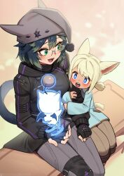  +_+ 2girls :d :o animal_ears arm_hug black_coat black_gloves blonde_hair blue_eyes blush braid cat_ears cat_girl cat_tail coat commentary commission english_commentary fang final_fantasy fingerless_gloves glasses gloves green_eyes green_hair grey_hat grey_pants hair_between_eyes hat hat_with_ears highres long_sleeves moogle multiple_girls open_mouth original pants pom_pom_(clothes) ponytail short_hair short_ponytail side_braid single_braid sitting smile sparkle tail teeth thigh_strap tostantan upper_teeth_only 