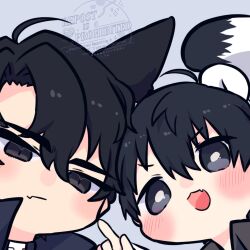  2boys :d ahoge animal_ear_request animal_ears black_coat black_eyes black_hair black_shirt cat_ears chibi chibi_only close-up coat collared_shirt english_text fang furrowed_brow hand_up height_difference highres kemonomimi_mode kim_dokja kimidori_22 looking_at_viewer male_focus multiple_boys omniscient_reader&#039;s_viewpoint open_clothes open_coat popped_collar portrait pov shirt short_hair skin_fang smile smirk tail yoo_joonghyuk 