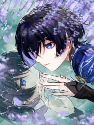  1boy absurdres aimeiyou00 androgynous armor black_bodysuit black_bridal_gauntlets black_hair blue_cape blue_pupils blunt_ends bodysuit bridal_gauntlets cape colored_inner_hair commentary crying crying_with_eyes_open eyeliner eyeshadow fingernails flower genshin_impact gold_ring hashtag-only_commentary highres japanese_armor kote kurokote looking_at_reflection makeup male_focus mandarin_collar middle_ring multicolored_hair on_liquid open_hand parted_lips petals petals_on_liquid purple_hair purple_petals red_eyeliner red_eyeshadow red_lips reflection reflective_liquid scaramouche_(genshin_impact) solo tears tsurime twitter_username violet_eyes wanderer_(genshin_impact) white_mouth white_trim wisteria 