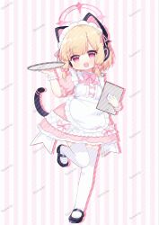  1girl :d alternate_costume animal_ear_headphones animal_ears apron artist_name black_shoes black_tail blonde_hair blue_archive blunt_bangs blush bow bowtie cat_ear_headphones cat_ears cat_tail character_name chinese_commentary collared_dress commentary dress drop_shadow fake_animal_ears fake_tail frilled_apron frilled_dress frilled_wrist_cuffs frills full_body hair_bow halo hand_up headphones highres holding holding_tray leg_up looking_at_viewer low-tied_sidelocks maid maid_apron mary_janes momoi_(blue_archive) open_mouth parted_bangs pink_background pink_bow pink_bowtie pink_dress pink_eyes pink_halo pink_ribbon puffy_short_sleeves puffy_sleeves ribbon shoes short_hair short_sleeves sidelocks smile solo sparerib- standing standing_on_one_leg striped_background tail tail_raised thigh-highs tray two-tone_background v-shaped_eyebrows vertical-striped_background watermark watermark_grid white_thighhighs white_wrist_cuffs wrist_cuffs 