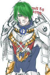  1boy armor blue_shirt breastplate closed_mouth commentary_request cross_of_prontera dated green_eyes green_hair hair_over_one_eye looking_at_viewer male_focus pauldrons ragnarok_online royal_guard_(ragnarok_online) scar scar_on_cheek scar_on_face shirt short_hair shoulder_armor simple_background smile solo toriria upper_body white_background 