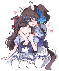  2girls animal_ears arms_around_neck blue_hair blush bow bowtie breasts brown_hair closed_mouth colored_inner_hair daiichi_ruby_(umamusume) daitaku_helios_(umamusume) drill_hair drill_sidelocks ear_covers ear_ornament facial_tattoo fang hair_between_eyes hair_bow hair_ornament hairclip heart highres horse_ears horse_girl horse_tail hug hug_from_behind kerimka31328031 long_hair multicolored_hair multiple_girls one_eye_closed open_mouth puffy_short_sleeves puffy_sleeves purple_bow purple_bowtie purple_shirt sailor_collar sailor_shirt school_uniform shirt short_sleeves side_ponytail sidelocks simple_background sitting skirt smile speech_bubble spoken_heart star_(symbol) star_hair_ornament streaked_hair tail tattoo thigh-highs tracen_school_uniform twin_drills umamusume violet_eyes white_sailor_collar white_skirt white_thighhighs yellow_eyes yuri 