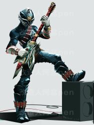 1boy absurdres black_bodysuit black_helmet bodysuit character_request full_body guitar helmet highres instrument kamen_rider music penpenhuihui playing_guitar playing_instrument simple_background speaker standing tokusatsu white_background