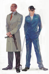  2boys baseball_cap beard black_pants black_shoes blue_pants blue_shirt buttons cigarette coat ctkcave double-breasted dress_shoes facial_hair full_body grey_coat hat holding holding_mop holding_weapon janitor male_focus mature_male mop multiple_boys necktie old old_man original pants red_necktie shaved_head shirt shoes simple_background smoking sneakers striped_clothes striped_shirt sunglasses weapon white_background white_shirt 