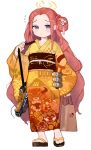  1girl absurdres alternate_costume bag blue_archive character_request closed_mouth commentary doom_(series) flying_sweatdrops forehead frown full_body geta grey_eyes gun hair_bun halo highres holding holding_bag imp_(doom) japanese_clothes kimono long_hair looking_at_viewer m320 menthako no_socks obi obijime print_kimono redhead sash simple_background single_hair_bun single_side_bun solo standing straight-on symbol-only_commentary very_long_hair weapon white_background yukata yuzu_(blue_archive) 
