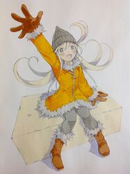  1girl arm_up beanie black_eyes black_hat black_pantyhose blonde_hair boots brown_boots brown_gloves coat commentary_request from_above full_body fur-trimmed_boots fur-trimmed_coat fur_trim gloves hat highres long_hair looking_at_viewer open_hand open_mouth original pantyhose peter_salt sitting smile solo traditional_media yellow_coat zipper zipper_pull_tab 