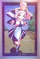  1girl arms_up bag_of_chips blue_boots blue_dress boku_wa_tomodachi_ga_sukunai boots border capelet chips_(food) commentary_request dress food food_in_mouth full_body green_hair highres jewelry key key_necklace long_hair long_sleeves looking_at_viewer necklace nun official_artist_extra outdoors potato_chips road running solo takayama_maria watanabe_yoshihiro white_capelet wide_sleeves 