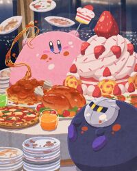  :i blue_eyes blush_stickers cake chicken_(food) commentary_request cup drinking_glass eating food food_on_face fruit full_stomach highres indoors juice kirby kirby_(series) mask meatball meta_knight miclot no_humans orange_juice pasta pizza plate spaghetti spaghetti_and_meatballs strawberry yellow_eyes 