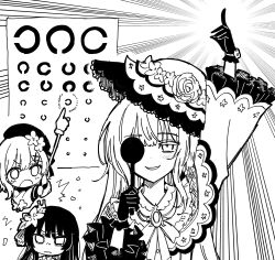  3girls absurdres arm_up chibi eye_chart flower frilled_sleeves frills gloves greyscale hand_up hashtag-only_commentary hat hat_flower highres holding holding_pointer index_finger_raised long_hair long_sleeves looking_at_viewer mahou_shoujo_no_majo_saiban monochrome multiple_girls nikaido_hiro occluder open_mouth outstretched_arm pointer sakuraba_ema smile somechime_(sometime1209) spoilers tsukishiro_yuki upper_body vision_test 