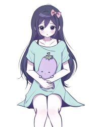  1girl aubrey_(headspace)_(omori) aubrey_(omori) blue_shirt blush bow bra_strap collarbone colored_skin double-parted_bangs hair_between_eyes hair_bow highres holding holding_stuffed_toy long_hair long_shirt looking_at_viewer mr._plantegg_(omori) omori parted_lips pink_bow purple_hair shirt short_sleeves simple_background sitting solo stuffed_eggplant stuffed_toy t-shirt violet_eyes white_background white_skin wktdms1 