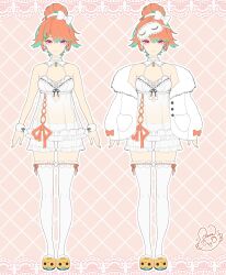  1girl absurdres babydoll bow bow_earrings clothing_cutout detached_collar earrings empire_waist english_commentary frilled_shorts frilled_thighhighs frills full_body fur_jacket green_hair hair_bun hair_flaps heart_cutout highres hololive hololive_english jacket jewelry mask mask_on_head mixed-language_commentary multicolored_hair off_shoulder official_alternate_costume official_alternate_hairstyle official_art orange_hair raora_panthera_(artist) see-through_clothes short_hair shorts signature single_hair_bun sleep_mask slippers spaghetti_strap swept_bangs takanashi_kiara takanashi_kiara_(cozy) thigh-highs two-tone_hair variations violet_eyes virtual_youtuber white_babydoll white_jacket white_shorts white_thighhighs 